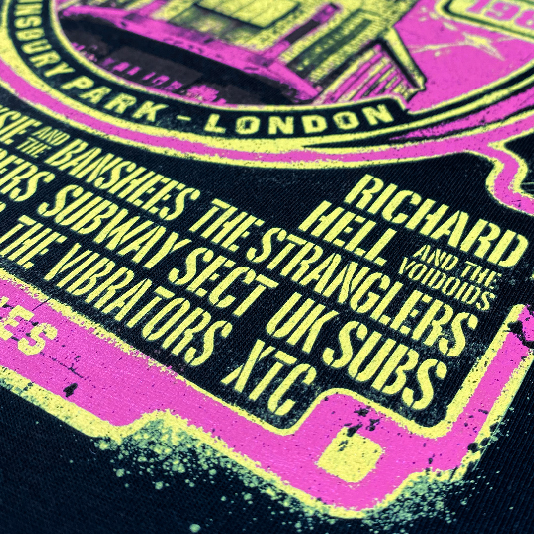 Close up of 'Rainbow Punk', a limited edition punk t-shirt