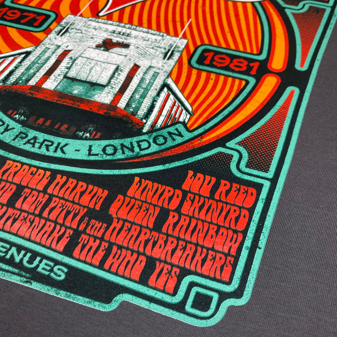 Close up of 'Rainbow Rock', a limited edition rock t-shirt